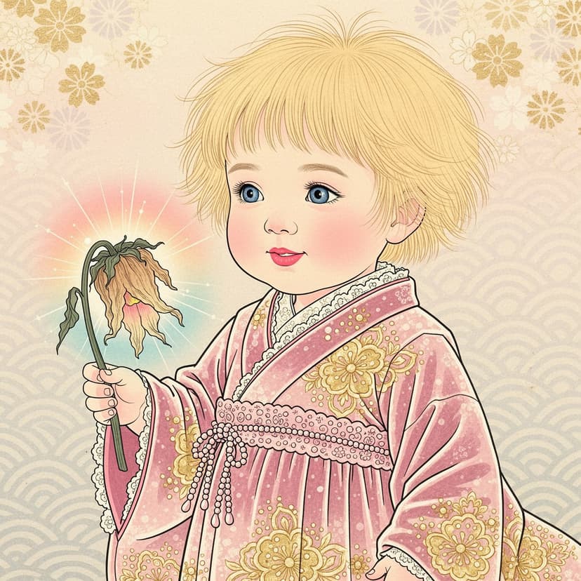 Japanese art style child in pink kimono holding flower, traditional pattern background