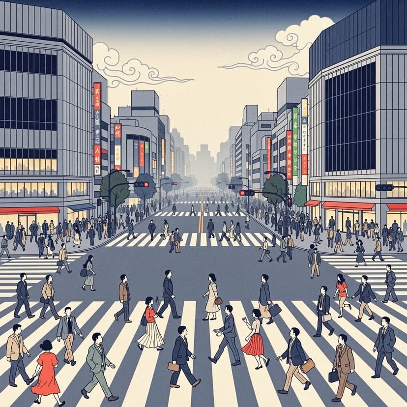 Tokyo busy street crossing in ukiyo-e style, modern city with traditional art aesthetic