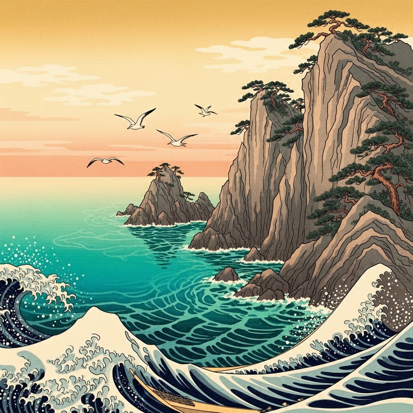 Japanese ukiyo-e style seascape, dramatic waves crashing on rocky cliffs, seagulls