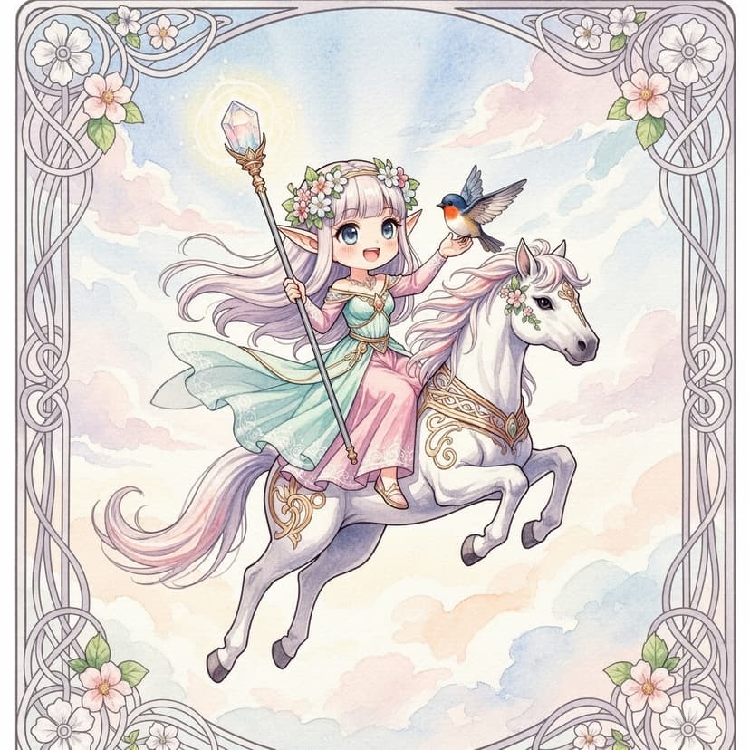 Watercolor style elf princess riding a white unicorn, holding crystal staff, magical forest