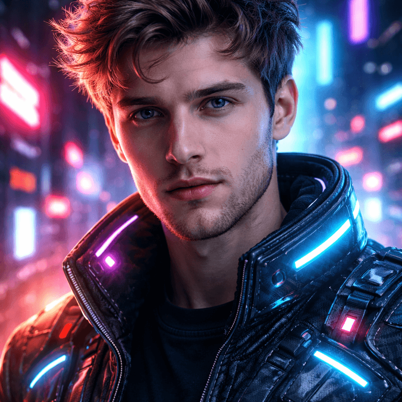 Cyberpunk style portrait with neon pink and cyan lighting, futuristic tech aesthetic