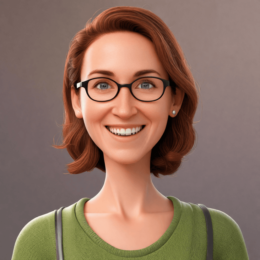 Pixar 3D style portrait, woman with glasses and warm smile, professional look