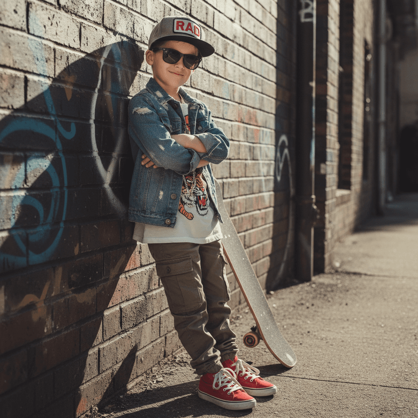 Cool young skater boy with sunglasses and RAD cap, urban graffiti wall background