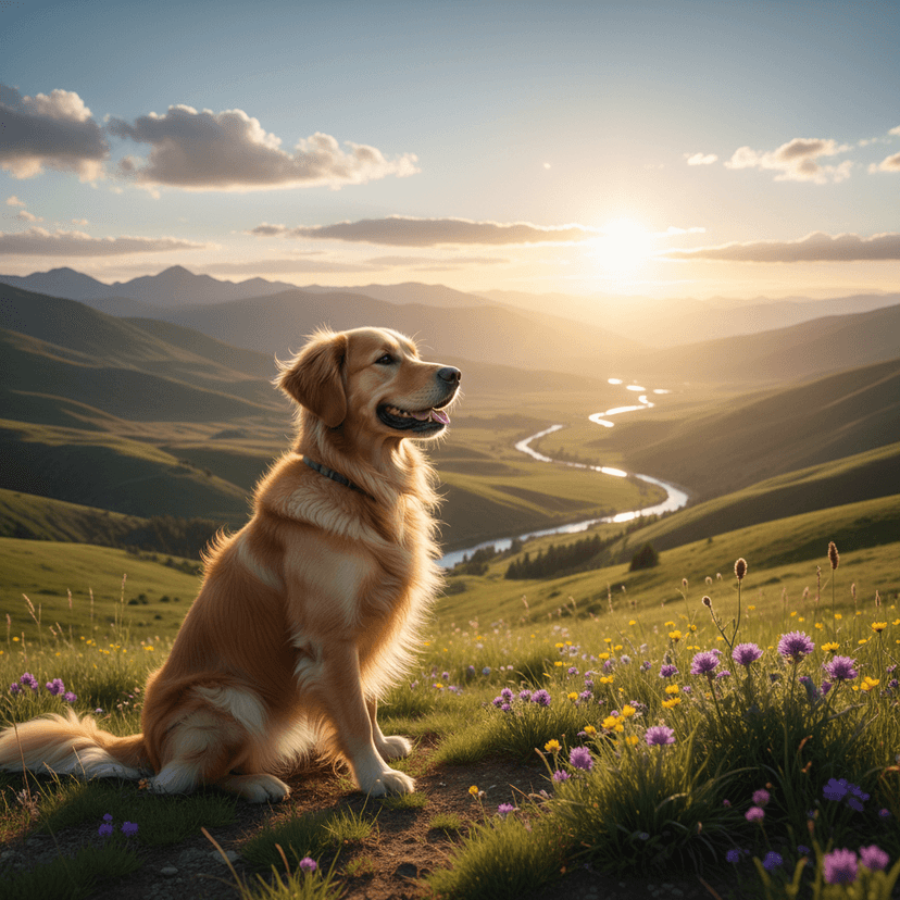 Majestic golden retriever on hilltop at sunset, wildflowers, river valley landscape