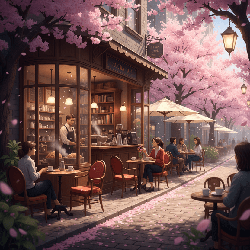 Cozy anime cafe scene with cherry blossoms, warm atmosphere, people enjoying coffee
