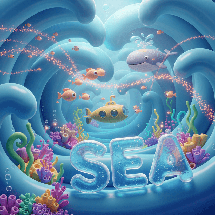 3D cartoon underwater scene with SEA text, cute submarine and fish, colorful coral reef