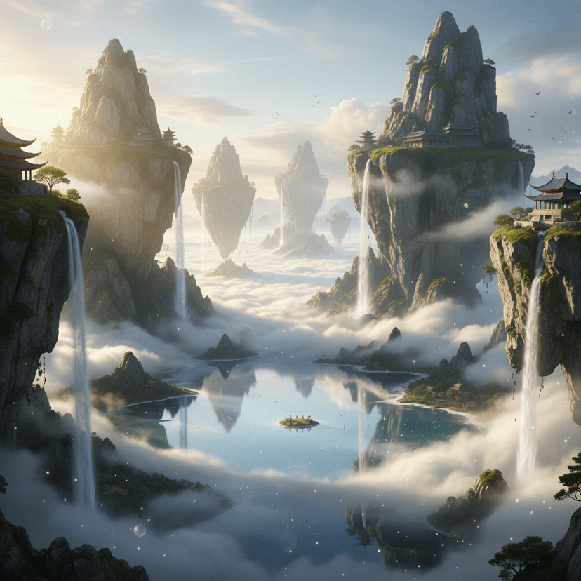 Fantasy Chinese landscape with floating mountains, waterfalls, misty atmosphere
