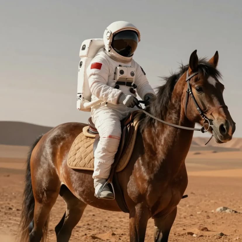 Astronaut riding a horse in surreal desert landscape, cinematic lighting