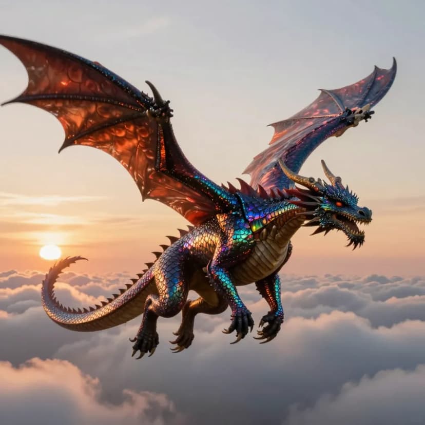 Majestic dragon with iridescent scales flying above clouds at sunset, epic fantasy