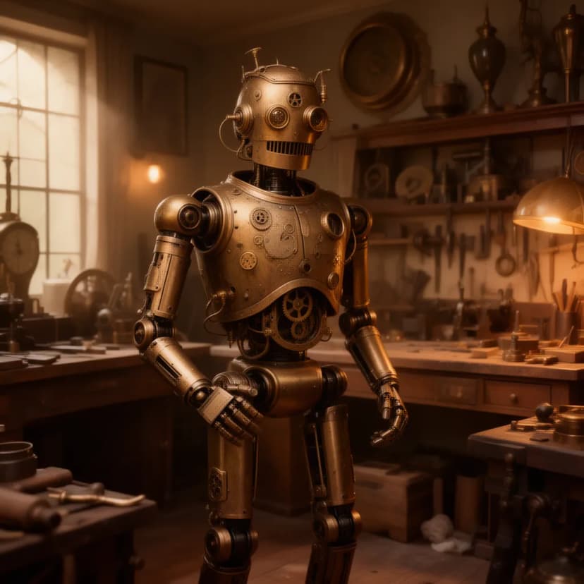 Steampunk brass robot in vintage workshop, gears and cogs, warm golden lighting