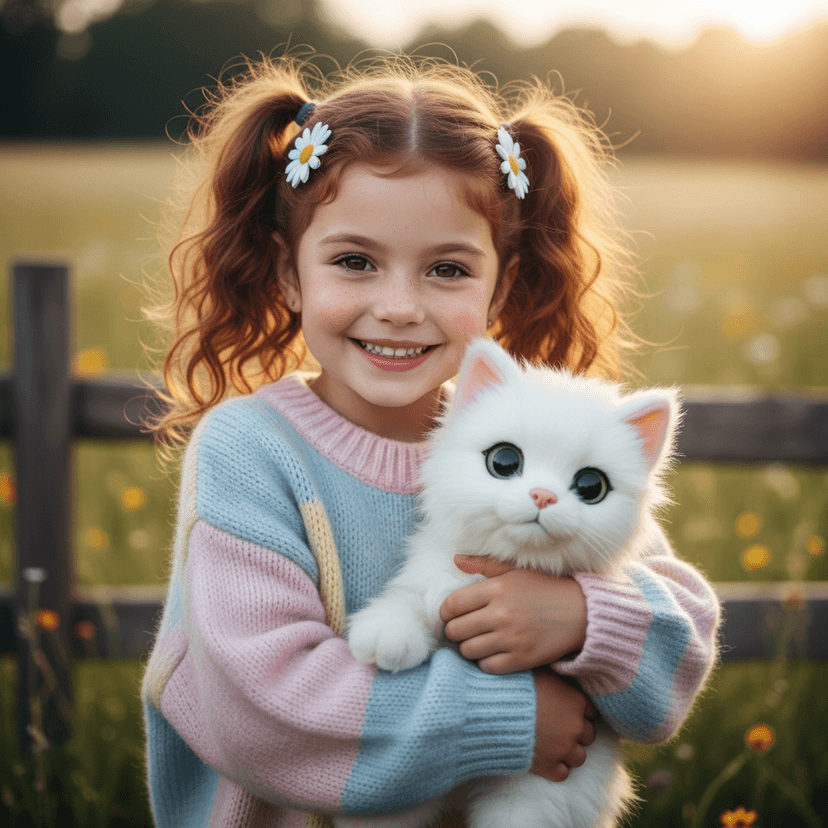 Adorable girl with pigtails holding fluffy white kitten, golden hour meadow background