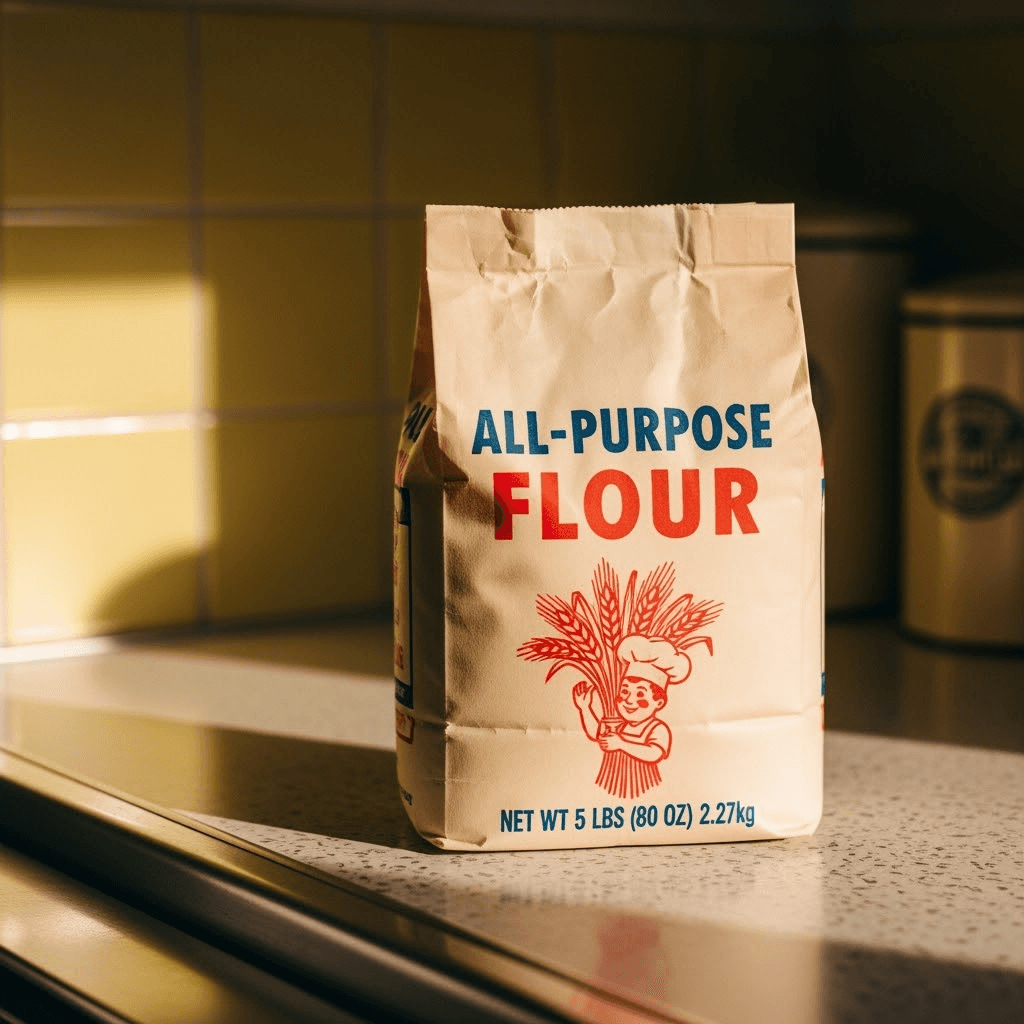 Flour bag with text labels before removal