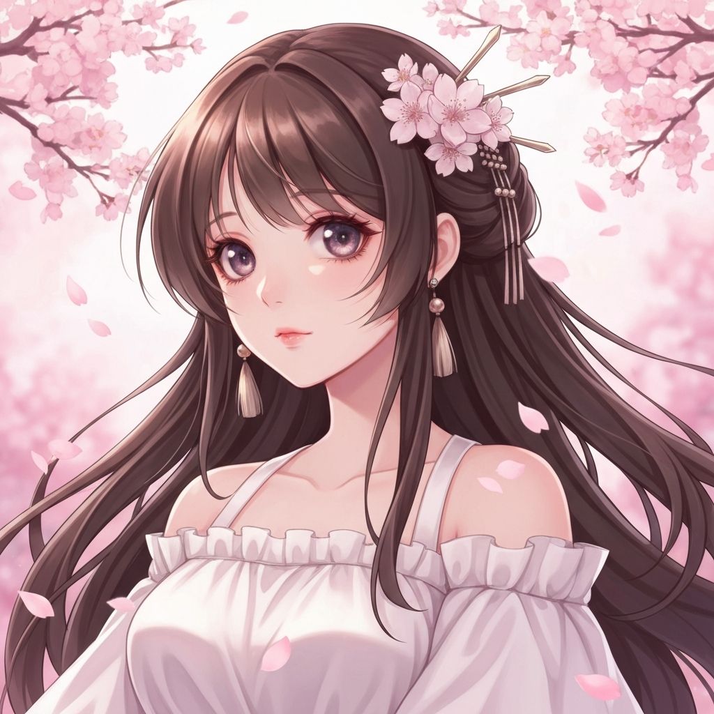 Anime style character with cherry blossoms, vibrant colors, detailed artwork