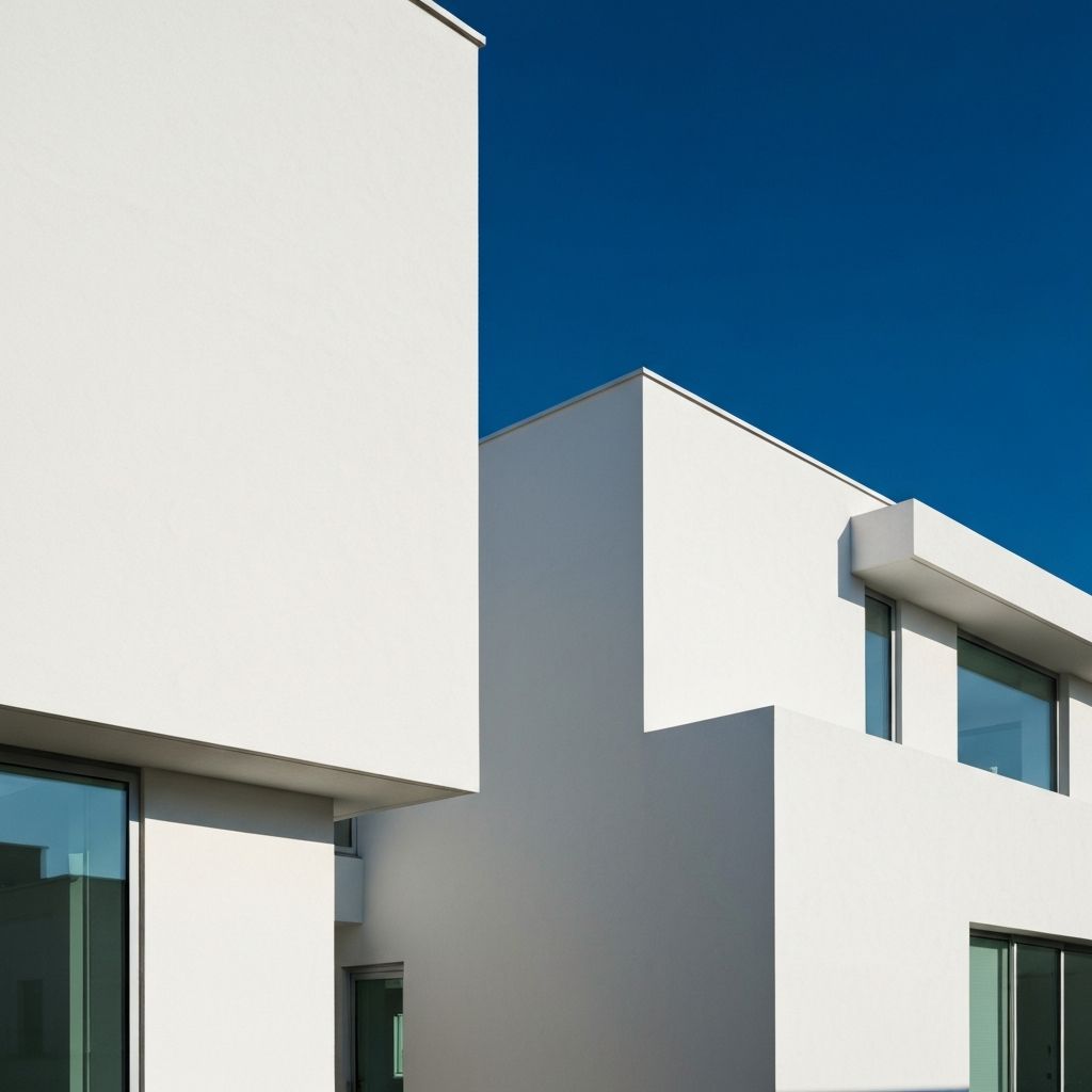 Modern minimalist architecture, geometric shapes, blue sky background