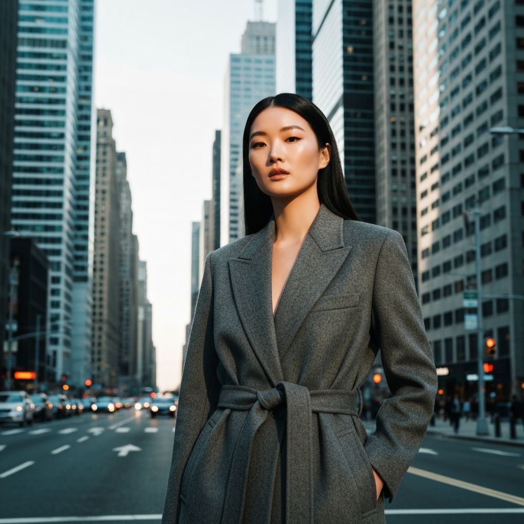 High fashion editorial, elegant woman in urban setting, cinematic