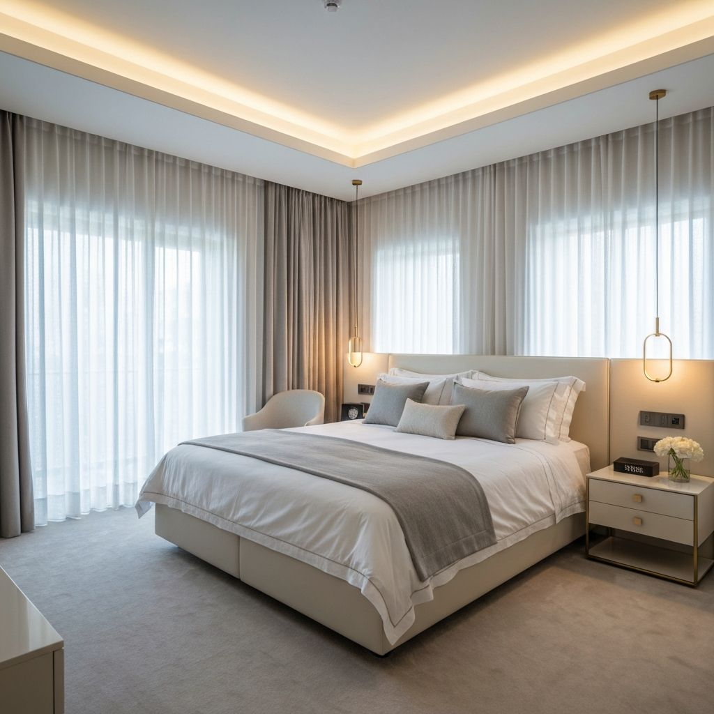 Luxurious bedroom interior design, natural lighting, cozy atmosphere