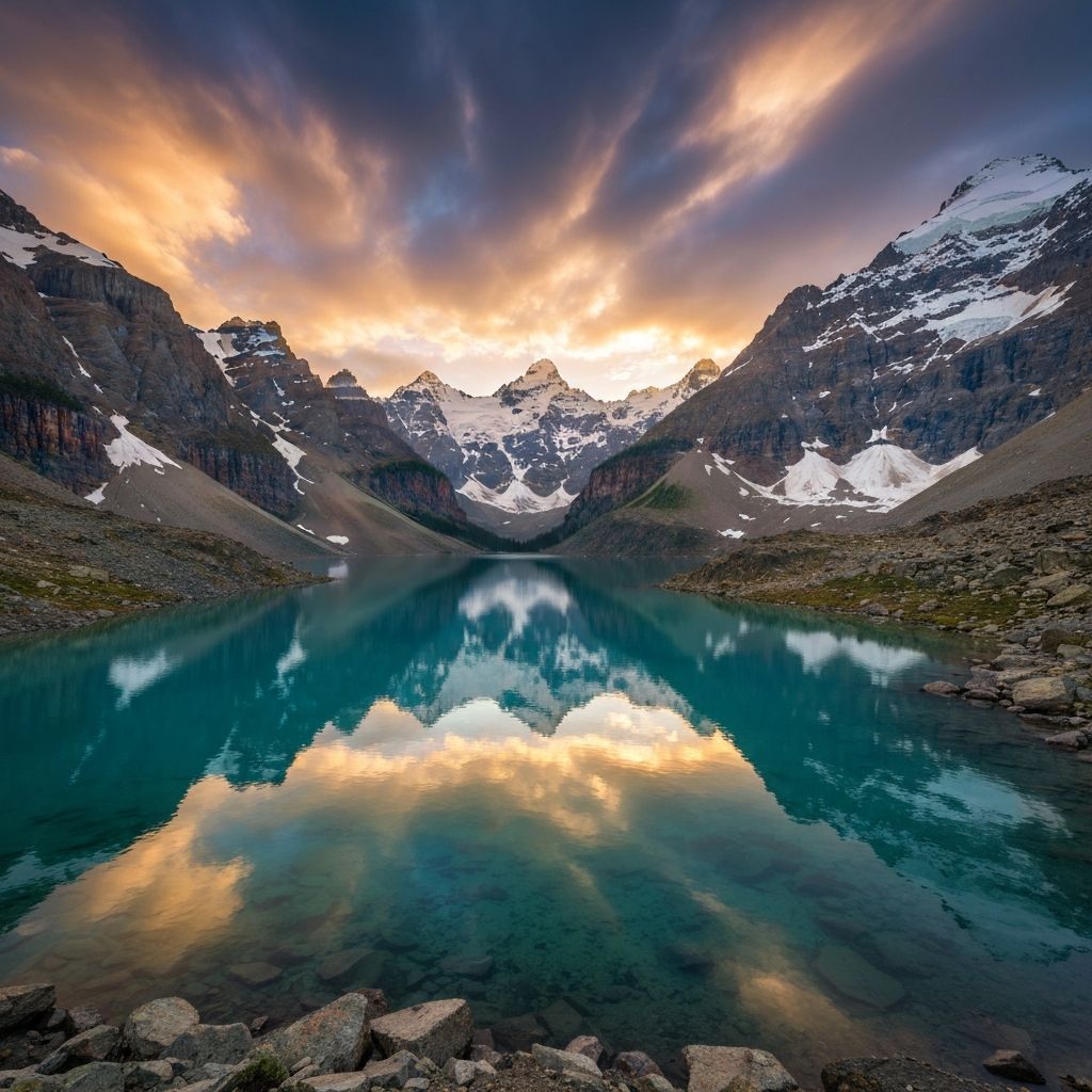 Ethereal mountain landscape at golden hour, dramatic lighting, cinematic photography