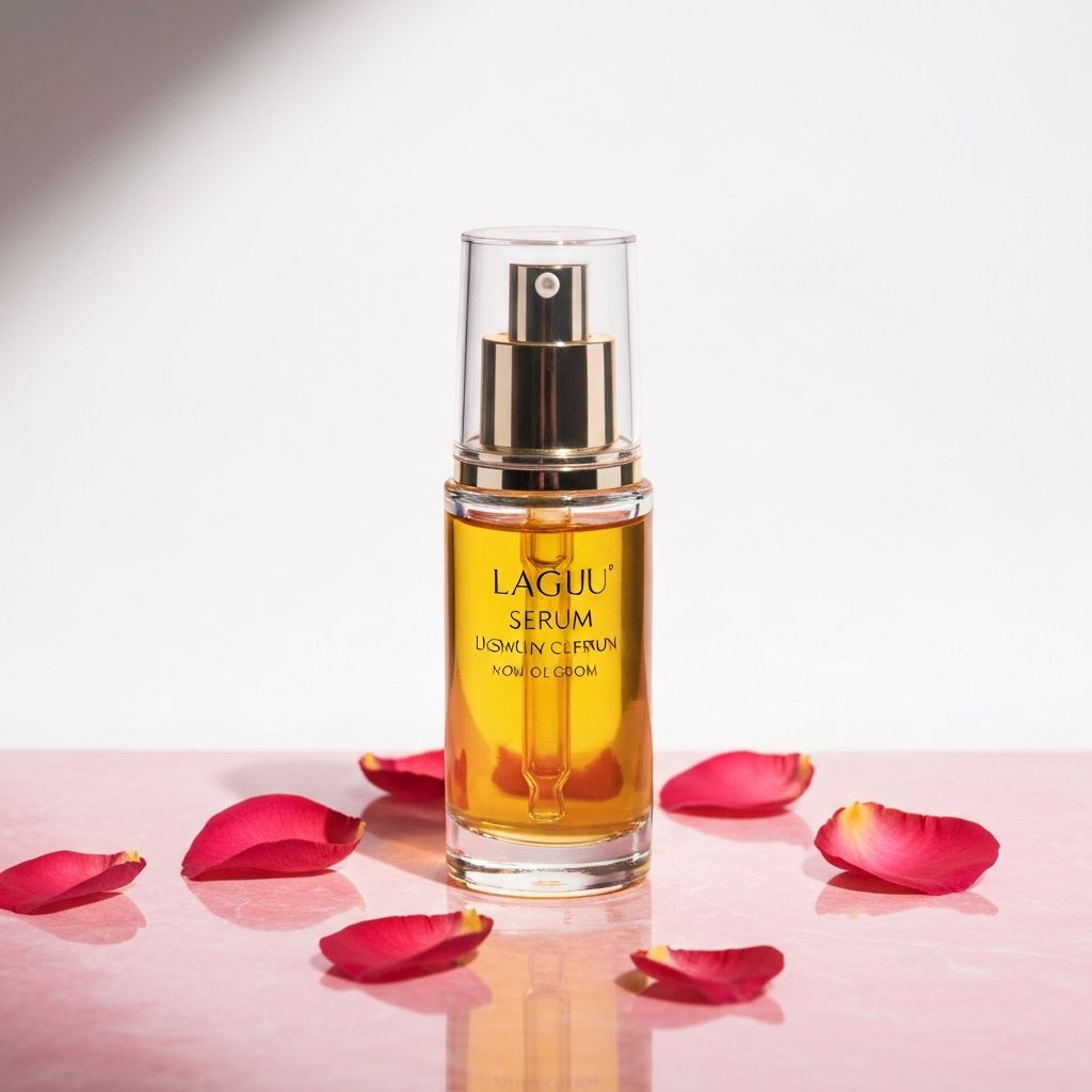 Luxury cosmetic product photography, rose petals, clean composition